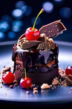 Decadent chocolate cake topped with luscious cherries, drizzled with rich chocolate sauce. For creating recipes on culinary websites, blogs, promoting food products on social media platforms