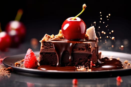 Decadent chocolate cake topped with luscious cherries, drizzled with rich chocolate sauce. For creating recipes on culinary websites, blogs, promoting food products on social media platforms