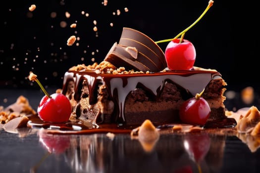 Decadent chocolate cake topped with luscious cherries, drizzled with rich chocolate sauce. For creating recipes on culinary websites, blogs, promoting food products on social media platforms