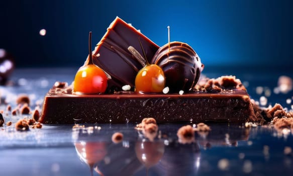 Decadent chocolate cake topped with luscious cherries, drizzled with rich chocolate sauce. For creating recipes on culinary websites, blogs, promoting food products on social media platforms