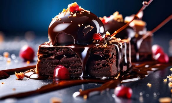 Decadent chocolate cake topped with luscious cherries, drizzled with rich chocolate sauce. For creating recipes on culinary websites, blogs, promoting food products on social media platforms