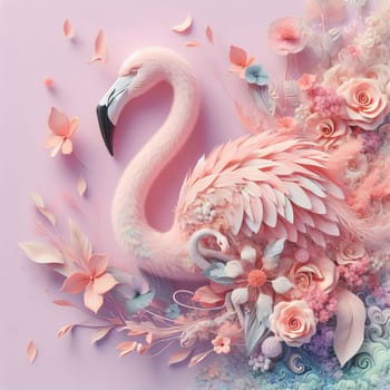 Image of a flamingo in surrealism style with flowers, pastel colors.