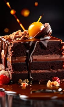 Decadent chocolate cake topped with luscious cherries, drizzled with rich chocolate sauce. For creating recipes on culinary websites, blogs, promoting food products on social media platforms