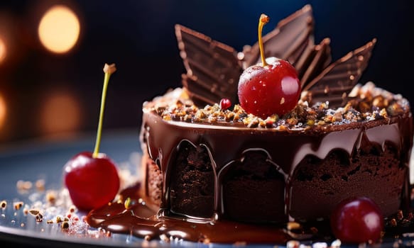 Decadent chocolate cake topped with luscious cherries, drizzled with rich chocolate sauce. For creating recipes on culinary websites, blogs, promoting food products on social media platforms