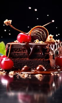 Decadent chocolate cake topped with luscious cherries, drizzled with rich chocolate sauce. For creating recipes on culinary websites, blogs, promoting food products on social media platforms