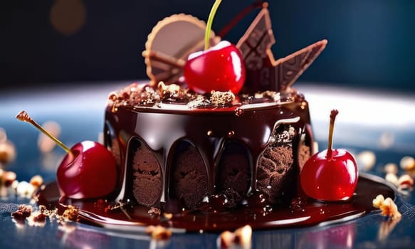 Decadent chocolate cake topped with luscious cherries, drizzled with rich chocolate sauce. For creating recipes on culinary websites, blogs, promoting food products on social media platforms