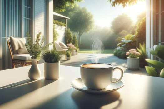 A cup of hot cappuccino coffee on a white table on an open terrace in the garden on a sunny day.