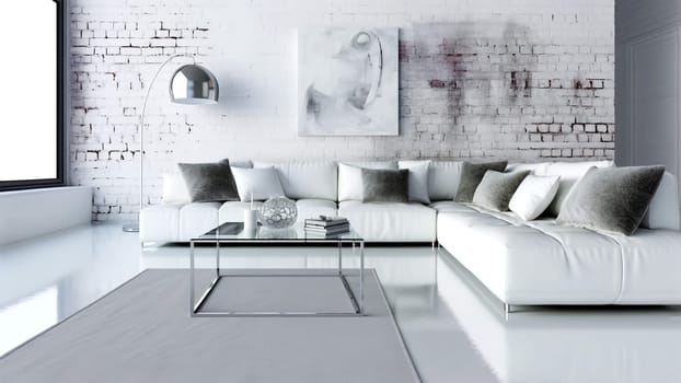 Modern living room in white tones in loft style.
