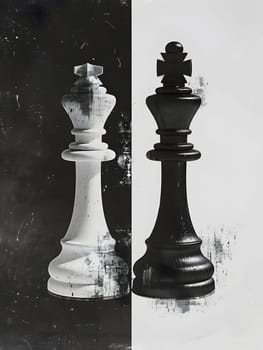 A monochrome photograph showcasing a black and white chess king and queen on a chessboard. This indoor tabletop game is a recreation enjoyed in darkness