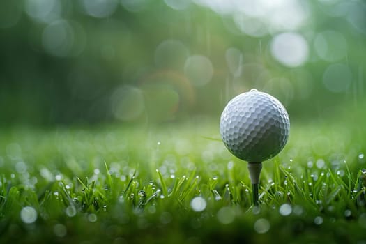 Golf ball in wet green grass on a blurred background.