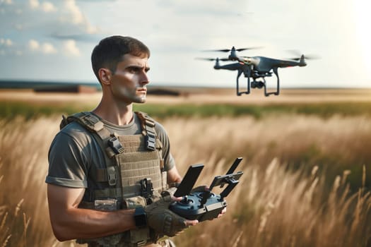 Soldier in camouflage uniform with control panel and drone in the field.