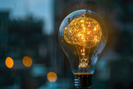 Light bulb with a picture of a brain inside in a yellow glow on a blurred background.