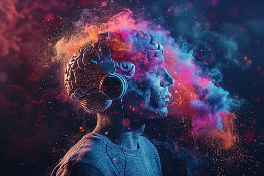 A man with a big brain listens to music with large headphones in neon light. The effect of music on the brain or mood.