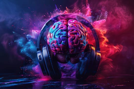 Large headphones are placed on a man's brain in clouds of pink dust.