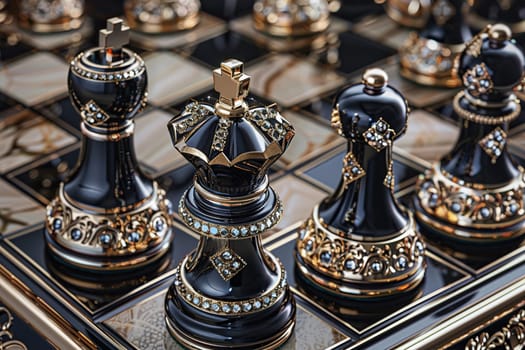 Luxurious chessboard with gold and black pieces, top view.