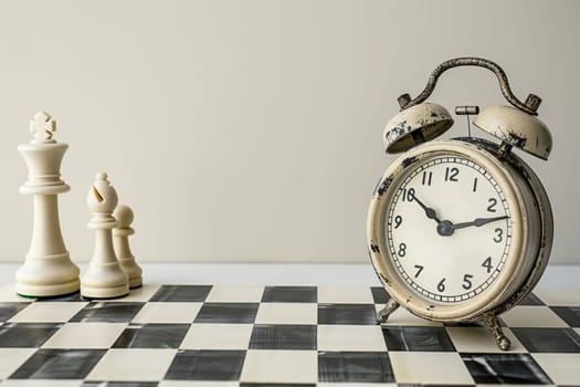 Vintage chessboard with chess pieces and alarm clock against a white wall.