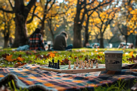 Chessboard with pieces on a blanket in the park. Hobby concept