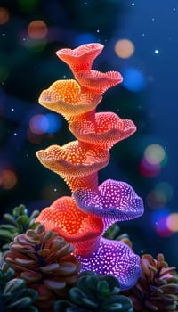 A stack of colorful mushrooms, resembling flowers, sits on pine cones in front of a Christmas tree. The scene looks as if it belongs underwater, with an electric blue hue