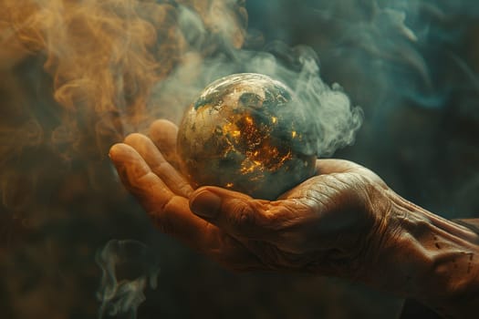 The globe shrouded in smoke, clouds in human palms on a dark background.