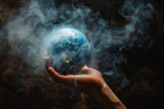 A woman's hand holds a glowing ball in the form of a planet in clouds of smoke on a dark background.