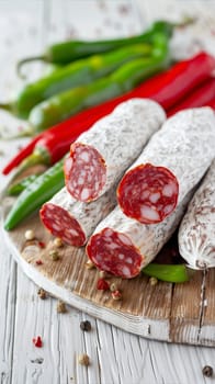 Sliced artisanal salami paired with green and red chili peppers, resting on a rustic wooden cutting board, decorated with whole peppercorns.