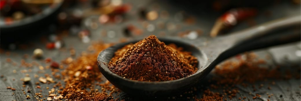 A stainless steel spoon holds a small amount of vibrant red powder on its surface.