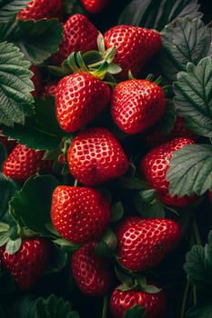 A bountiful harvest of seedless strawberries, a staple food and superfood, growing on a lush green plant bush full of juicy berries