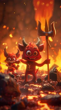 Two cartoonish red monsters, one slightly larger with prominent horns and a devilish fork, stand in a fiery, ember-filled environment that resembles a mythical depiction of hell. The playful stance of the monsters contrasts with the inferno around them.