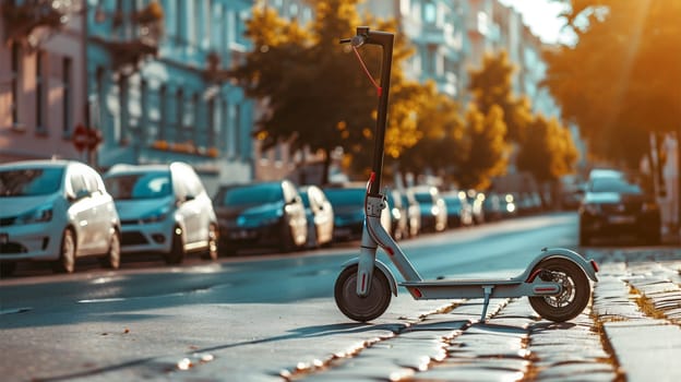 A scooter is parked on the side of a paved road, near a sidewalk, with buildings in the background.