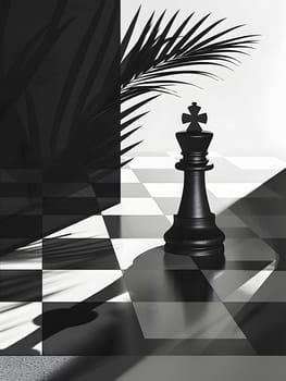 A monochrome photo showcasing a chess piece on a checkered board, a perfect blend of tints and shades. A representation of indoor games and sports