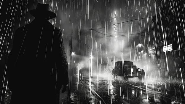 Monochrome Pixelation of a Mysterious Noir Scene, A vintage detective scene blurs into stark black and white pixels, evoking old cinema.