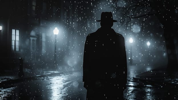 Monochrome Pixelation of a Mysterious Noir Scene, A vintage detective scene blurs into stark black and white pixels, evoking old cinema.