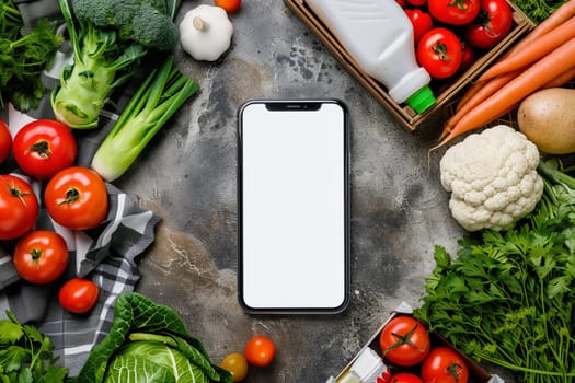 A cell phone rests on a wooden table, with various fresh vegetables like tomatoes, cucumbers, and peppers scattered around it. The setting suggests the phone was left amidst meal preparation or dining.