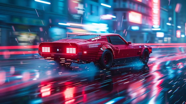 Retro-Styled Pixelation of a Classic Car in Motion, The vehicle's form blurs into pixels, reminiscent of early arcade racing games.
