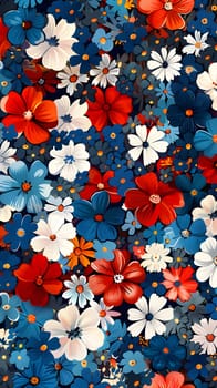 An artistic composition of red, white, and blue flowers arranged on a dark background, showcasing the beauty and vibrancy of nature against the backdrop of a creative artsinspired rectangle design