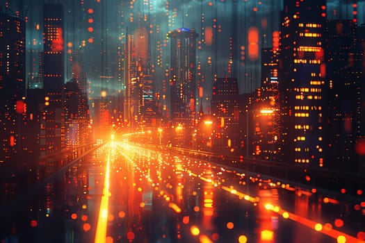 Futuristic City Map with Pixelated Traffic Flow, A digital grid blurs with moving dots, simulating the pulse of urban movement.