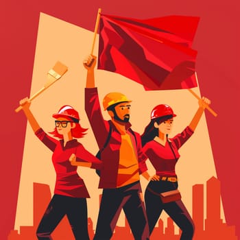 A group of individuals standing together, all holding a vibrant red flag. They appear united and determined in their action of displaying the flag.