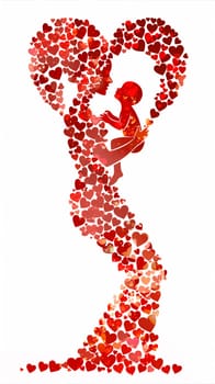 The silhouette of a woman and a child standing together, embraced by a multitude of heart shapes. The love between a mother and her child is symbolized in this touching scene.
