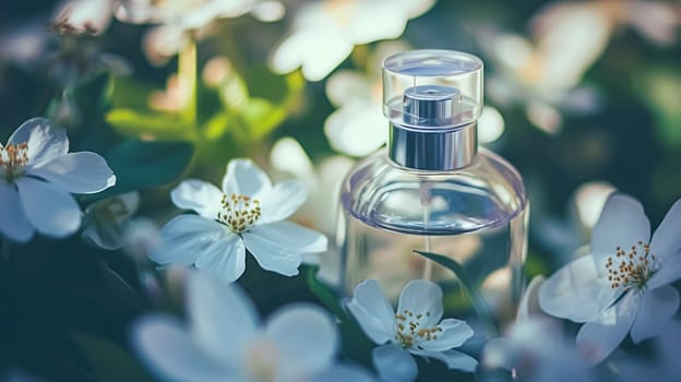 Perfume bottle in flowers, fragrance on blooming background, floral scent and cosmetic product idea