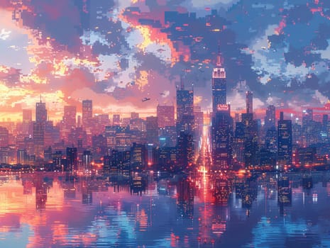 Pixelated Urban Skyline Evoking Retro Video Games, A cityscape rendered in blocky squares blurs the lines between modern skylines and digital art.