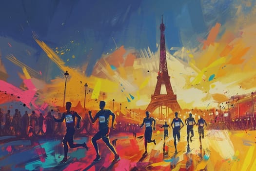 A painting depicting a group of individuals running energetically in front of the iconic Eiffel Tower in Paris. The figures are captured mid-motion, showcasing a sense of excitement and movement in the scene.