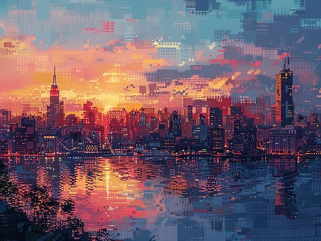 Pixelated Urban Skyline Evoking Retro Video Games, A cityscape rendered in blocky squares blurs the lines between modern skylines and digital art.