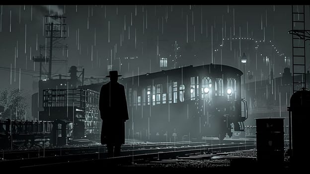 Monochrome Pixelation of a Mysterious Noir Scene, A vintage detective scene blurs into stark black and white pixels, evoking old cinema.