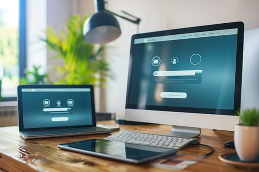 A desk cluttered with a laptop and a desktop computer, both powered on. The laptop is open with the screen displaying a document, while the desktop computer has multiple applications open on its screen.