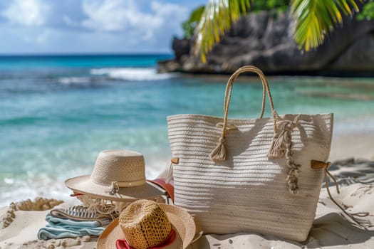 A straw hat and a straw bag rest on the sandy beach, positioned near the waters edge. The items cast a shadow in the sunlight as gentle waves roll onto the shore.