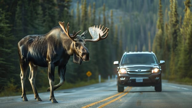 A moose is seen crossing a road in front of a car, showcasing a wildlife encounter on a roadway. The large animal stands in contrast to the vehicle, emphasizing the wilderness encroaching on human infrastructure.