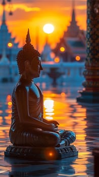 A person meditates in lotus position before a temple silhouette against a vibrant sunset backdrop.