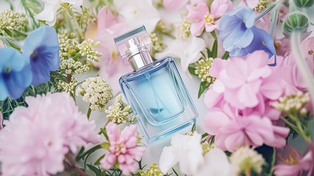 Perfume bottle in flowers, fragrance on blooming background, floral scent and cosmetic product idea