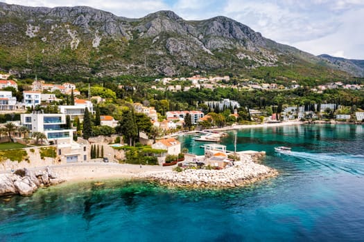 Idyllic village of Mlini in Dubrovnik archipelago view, south Dalmatia region of Croatia. Adriatic village of Mlini waterfront aerial view, Dubrovnik coastline of Croatia.