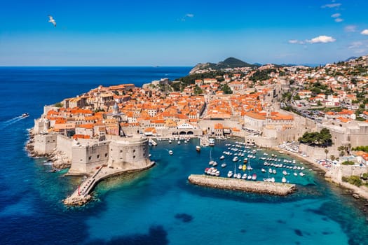 The aerial view of Dubrovnik, a city in southern Croatia fronting the Adriatic Sea, Europe. Old city center of famous town Dubrovnik, Croatia. Dubrovnik historic city of Croatia in Dalmatia. 